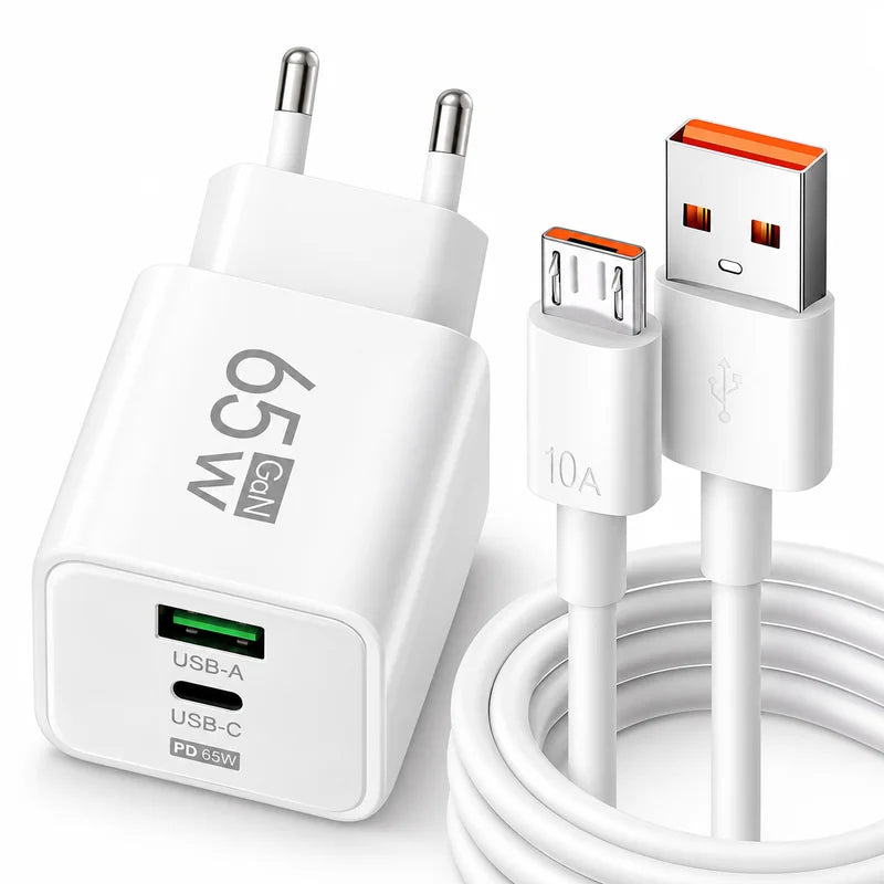 65W GaN 3-Port Fast Wall Charger – Dual USB-C + USB-A EU Plug