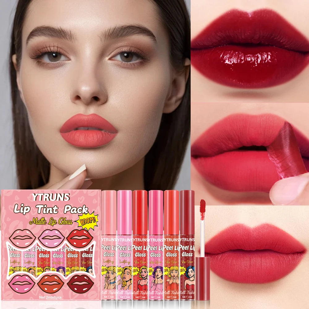 YTRUNS 6-Color Liquid Lip Gloss Set – Waterproof Peel-Off Tint