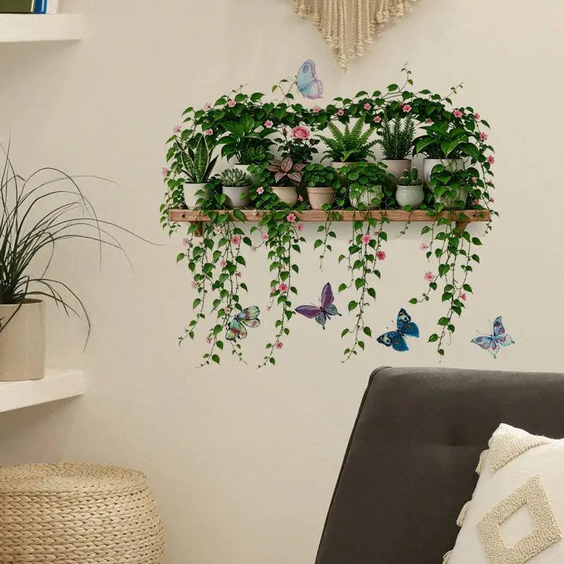 Green Plant & Butterfly Wall Decals – Removable Self-Adhesive