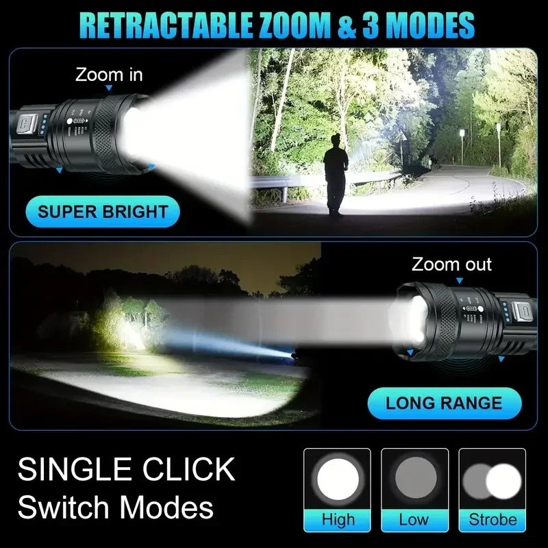 USB Rechargeable Zoomable LED Tactical Flashlight – 3000m Range