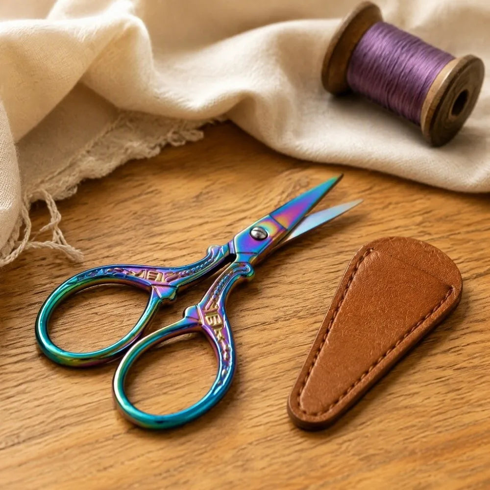 Stainless Steel Embroidery Scissors with PU Leather Cover 3.6"