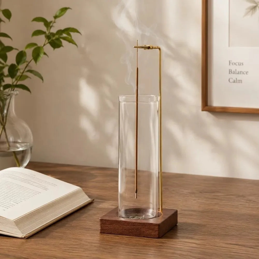 Solid Wood & Glass Incense Stick Holder Burner | Home Décor