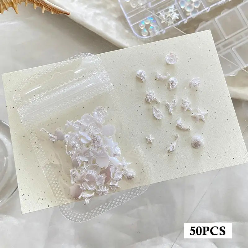 50-Piece Ocean Nail Charms – Aurora Shell Mermaid Starfish Set