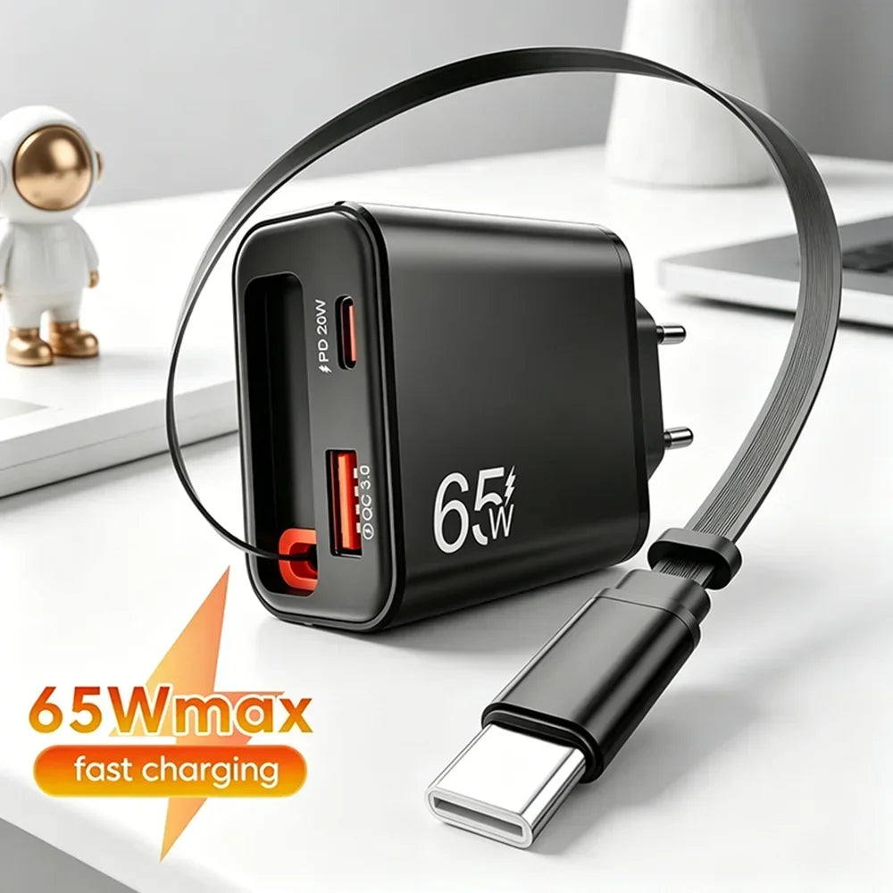 65W USB-C Wall Charger QC 3.0 PD + Retractable Cable