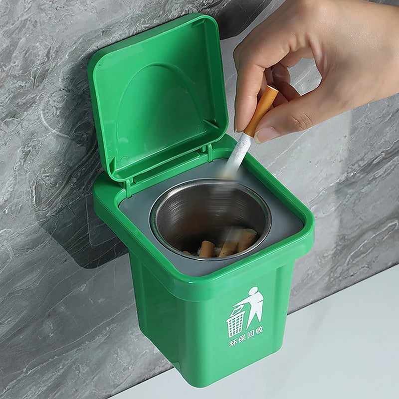 Wall-Mount Stainless Steel Ashtray with Lid – Anti-Fly Ash