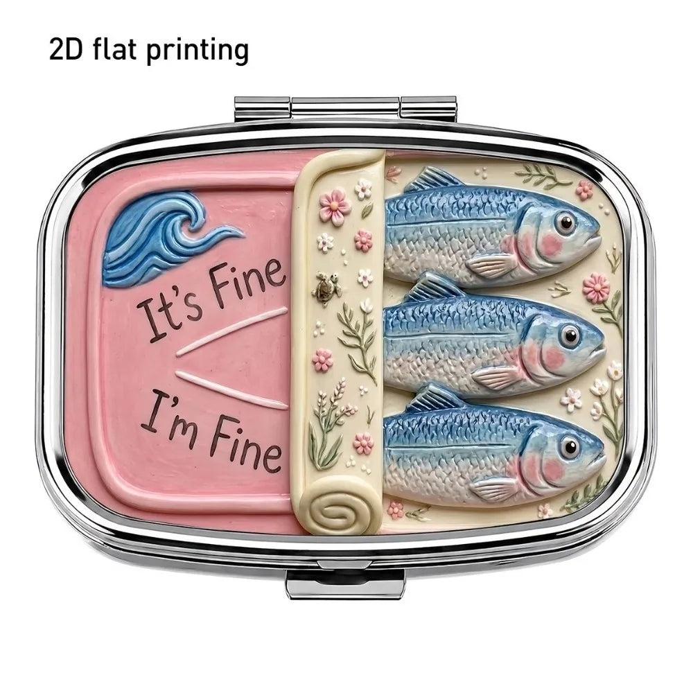 Sardine Print Metal Pill Box – 2-Compartment Mini Travel Case