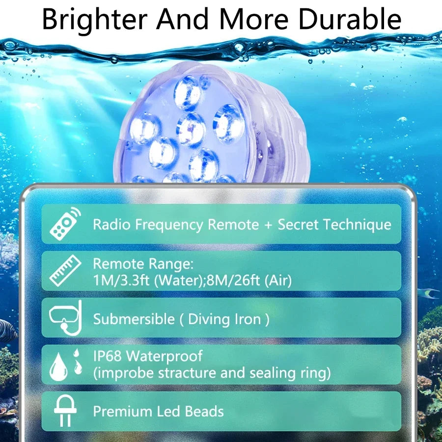RGB Underwater LED Pool Light – 10 LED Remote IP68 Waterproof