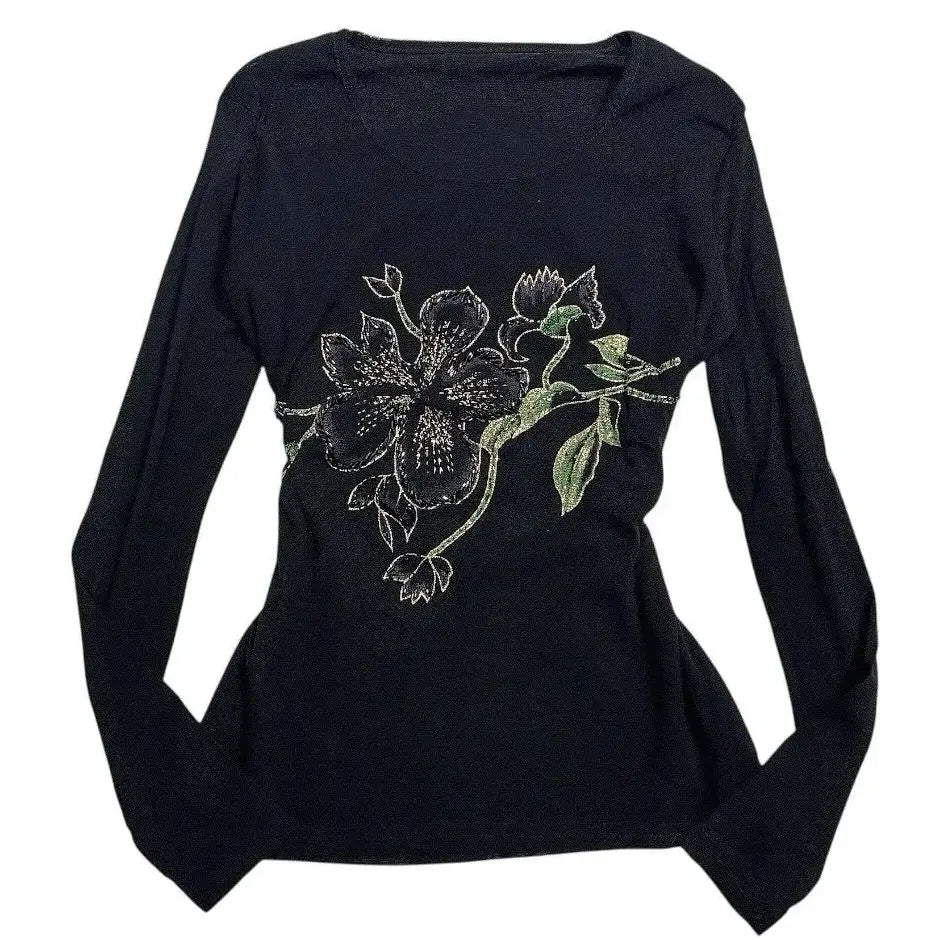 Y2K Women's Slim Fit Black Printed Long Sleeve T-Shirt