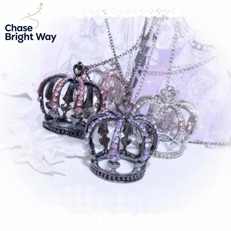 3D Rhinestone Crown Pendant Necklace – Long Sweater Chain