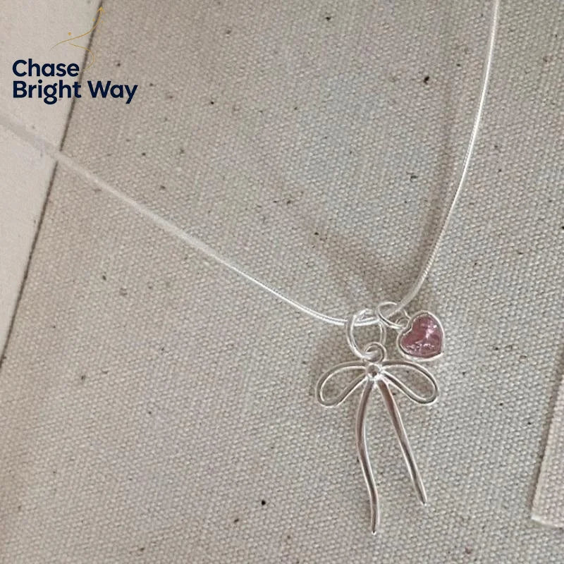 Pink Zircon Bow Pendant Necklace – Adjustable Chain for Women