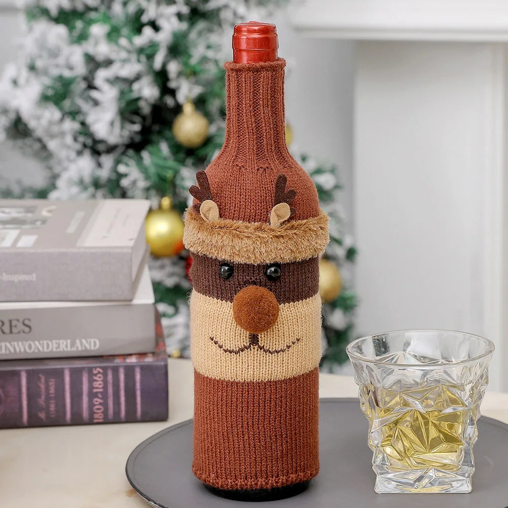 Christmas Santa Knitted Wine Bottle Cover | Holiday Sleeve
