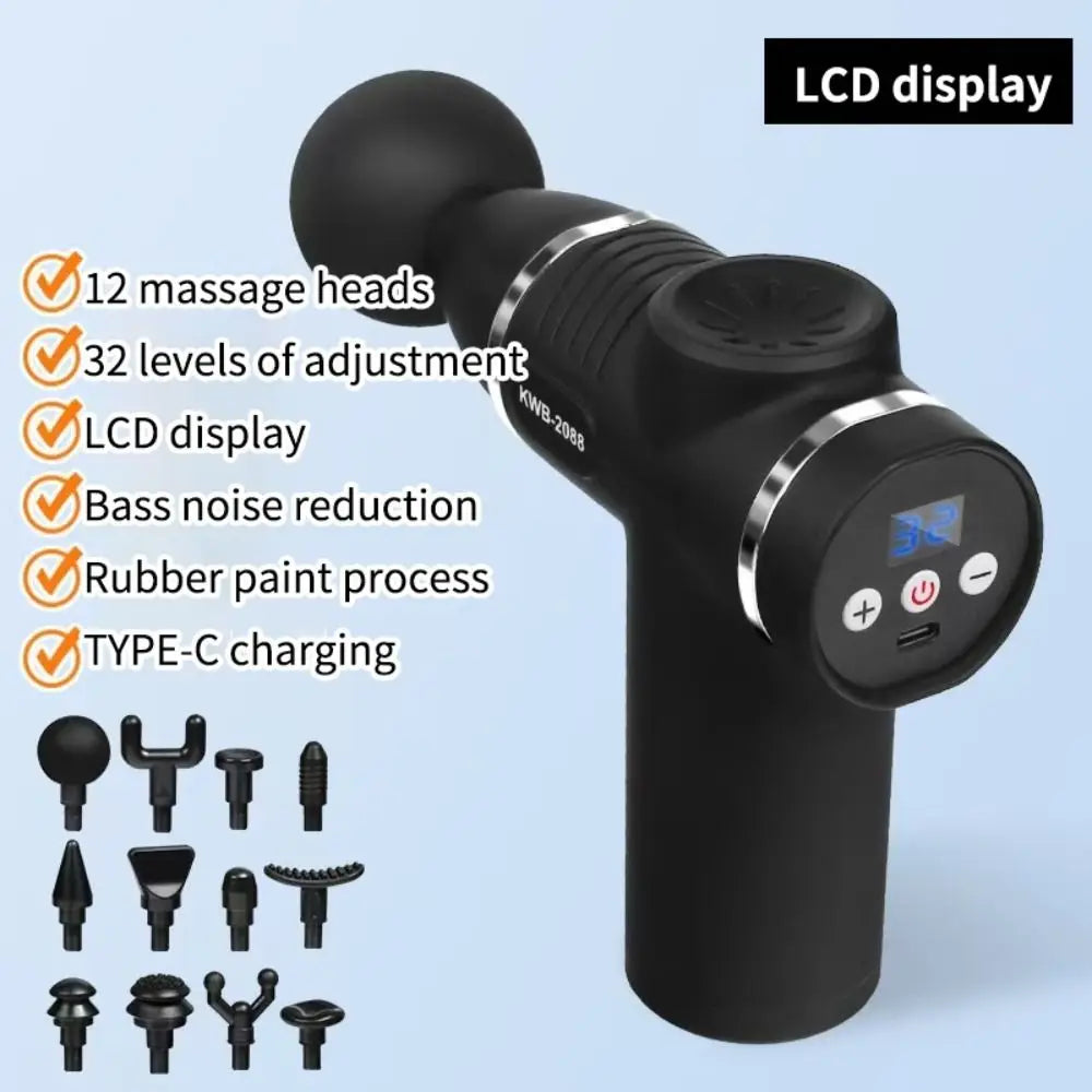 12-Head Fascia Massage Gun – 32 Speeds, LCD Display | SAMMY
