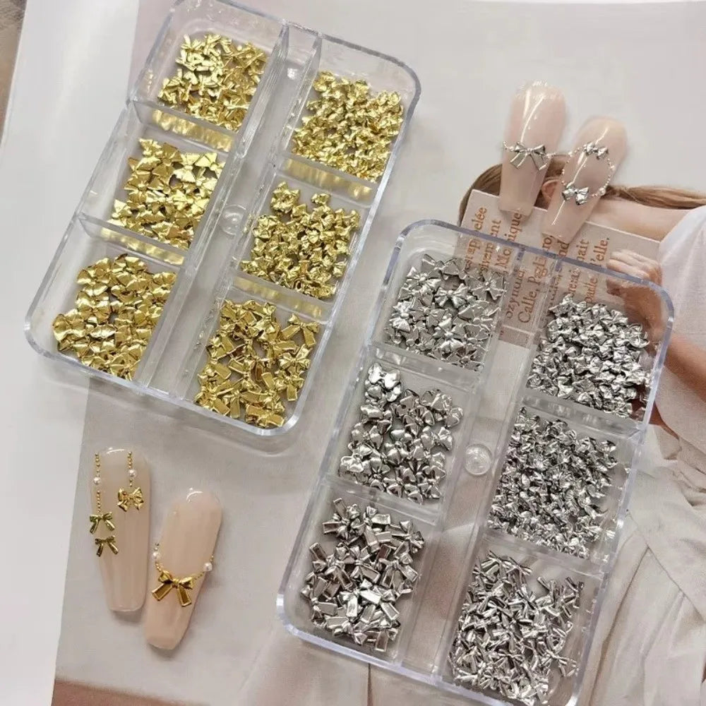 150 Pcs Alloy Nail Charms – Gold & Silver Mini Bow Nail Art