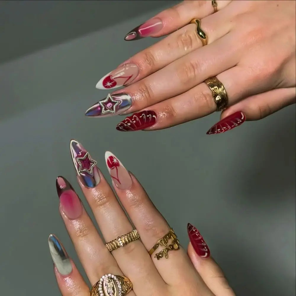 24-Pack Almond French Press-On Nails | Cherry Y2K Nail Tips