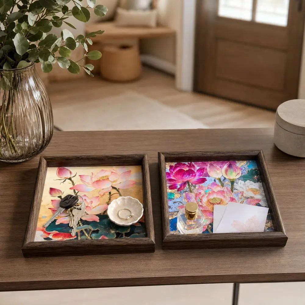 Lotus Wooden Decorative Tray – Square Raised Frame 20cm (2-Pack)