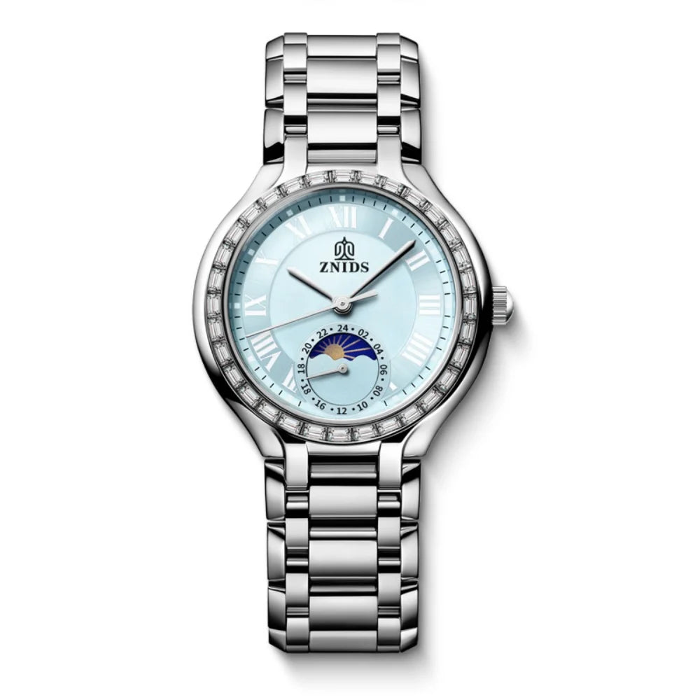 Women's Quartz Watch – Moon Phase Roman Numeral Steel Band