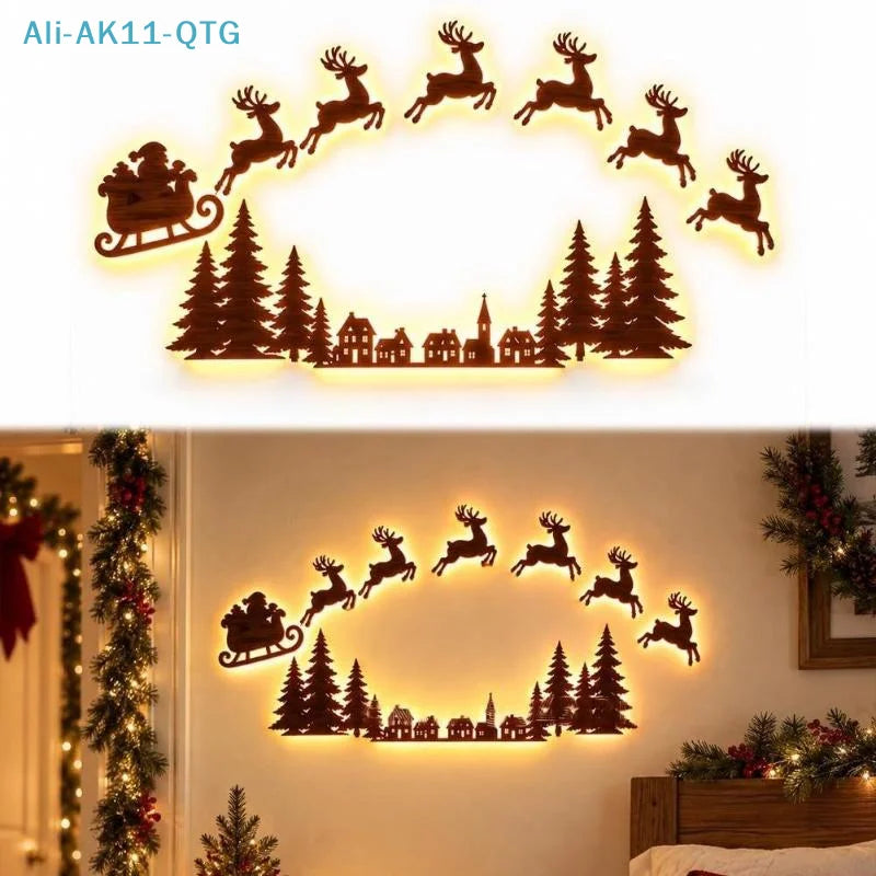 Lighted Santa Sleigh Reindeer Christmas Wall Décor Remote Set