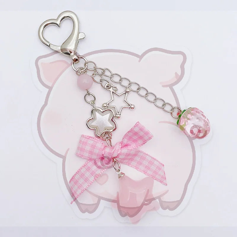 Strawberry Bow Beaded Keychain – Cute Phone & Bag Charm