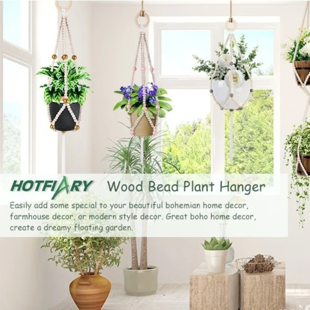 Boho Macrame Plant Hanger – Wood Beads & Cotton Rope