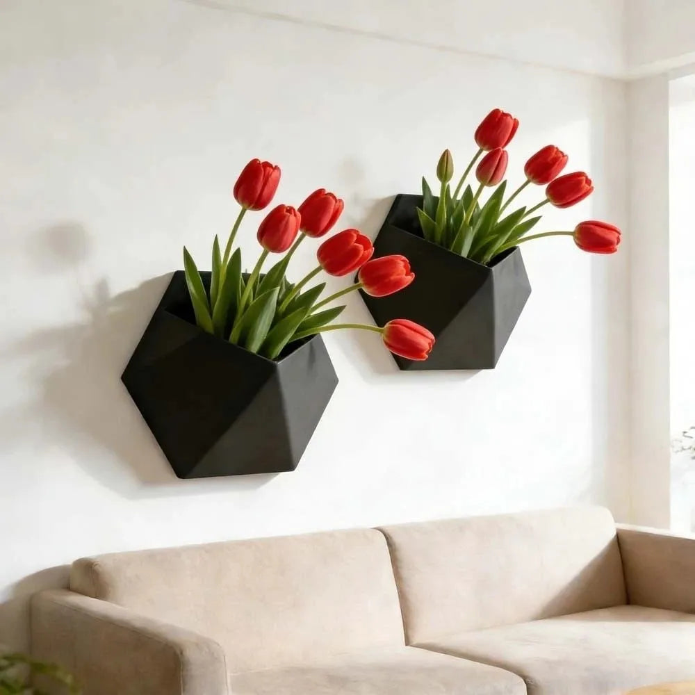 Hexagonal Wall-Mounted Planter – Geometric Matte Black Pot