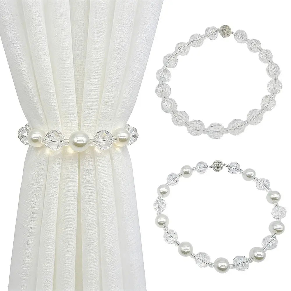 Pearl Rhinestone Elastic Curtain Tiebacks – Magnetic Buckle 2pc