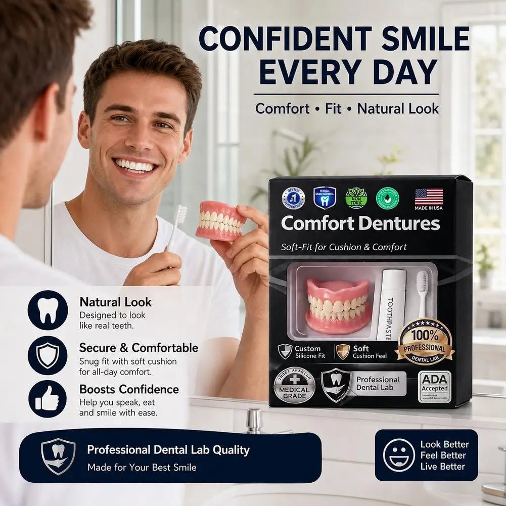 Silicone Denture Set – Upper & Lower False Teeth Kit + Brush