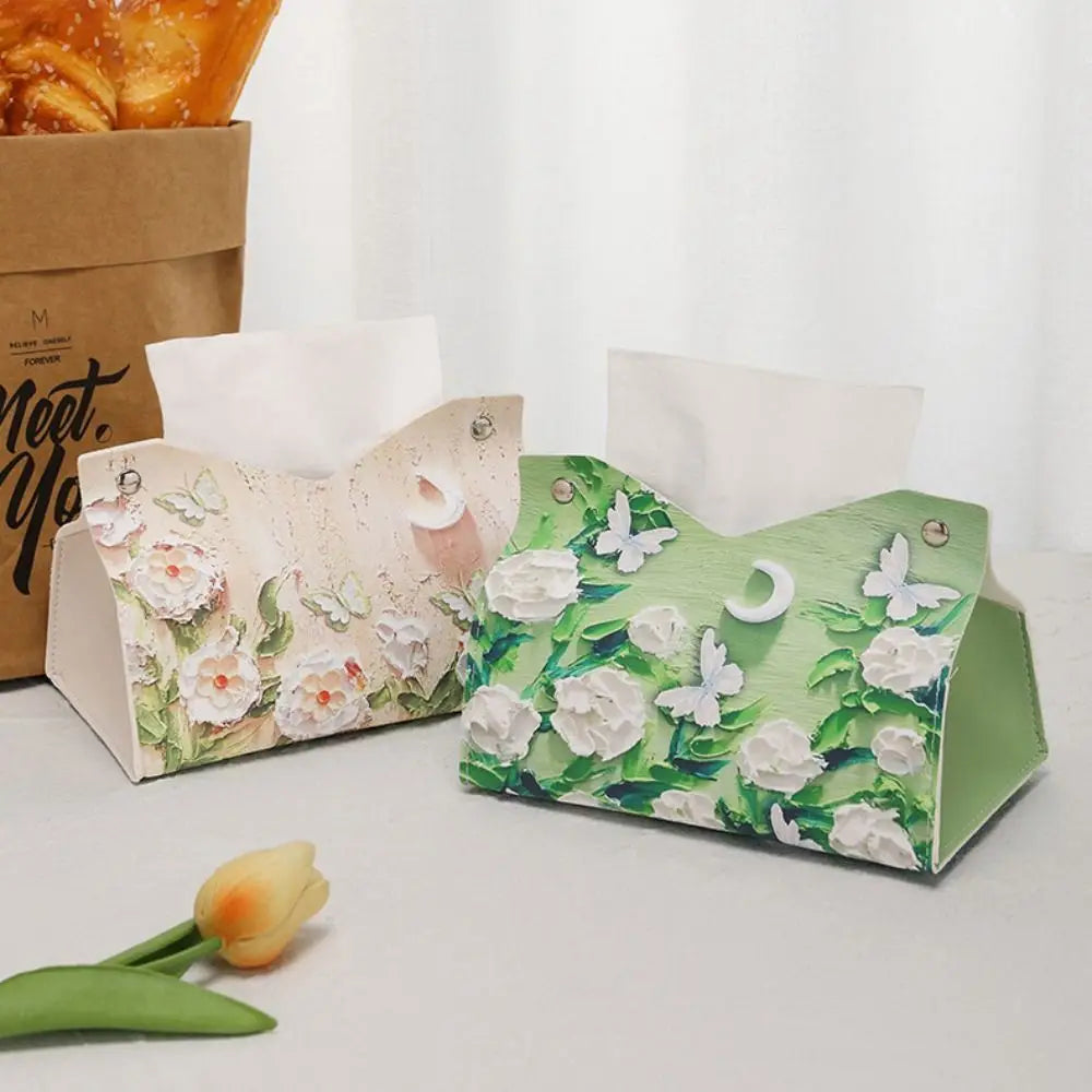 Vintage PU Leather Tissue Box Cover – Oil Painting Decor