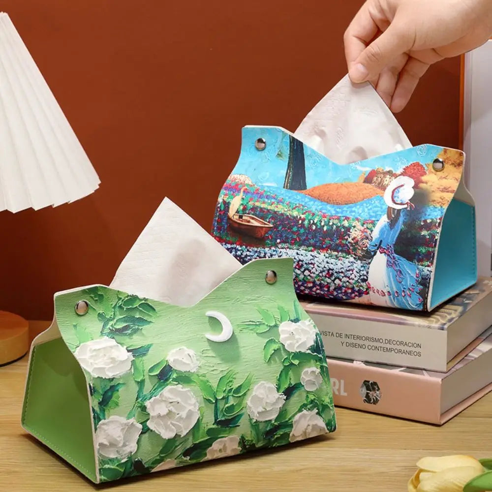 Vintage PU Leather Tissue Box Cover – Oil Painting Decor