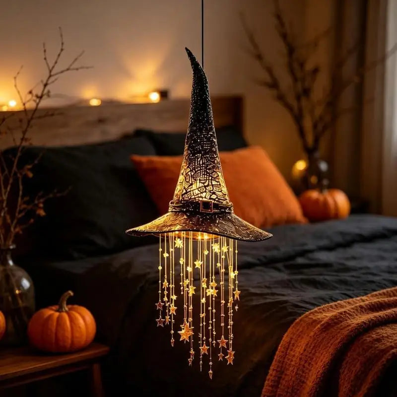 LED Witch Hat Wind Chime Hanging Decoration – Wrought Iron 30cm