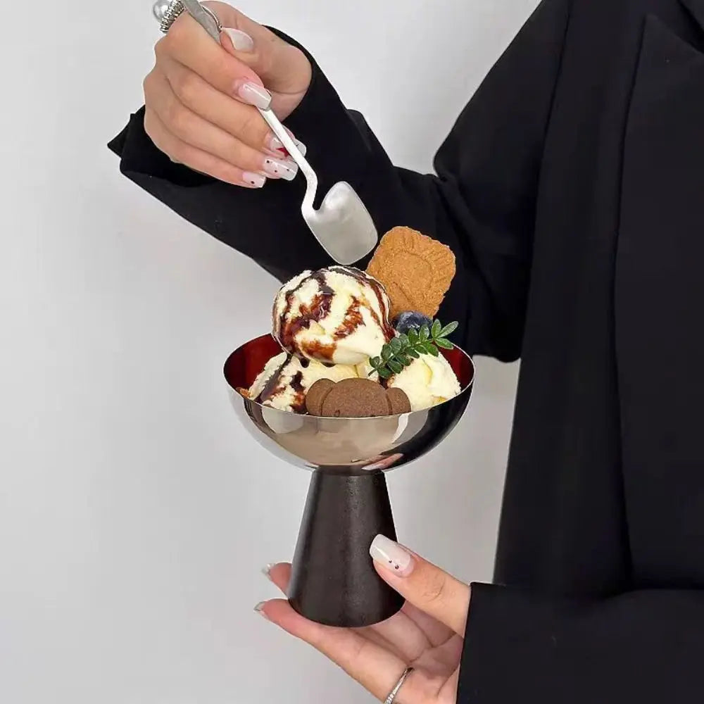 Stainless Steel Ice Cream Cup with Wooden Base | Dessert Bowl