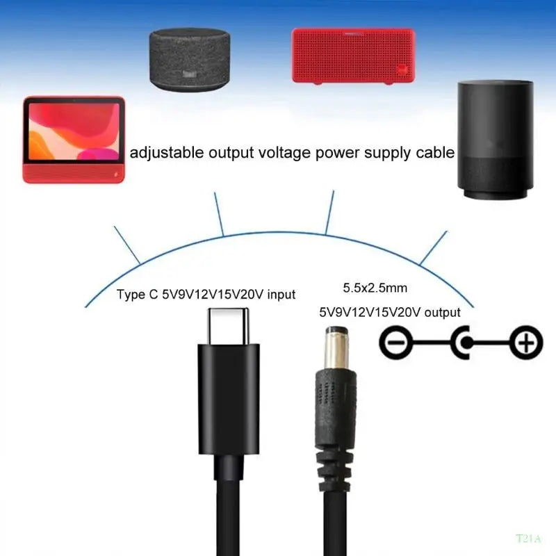 USB-C to 5.5x2.5mm Adjustable Voltage Cable | LED Display