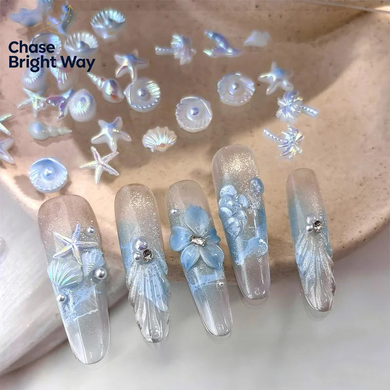 50-Piece Ocean Nail Charms – Aurora Shell Mermaid Starfish Set