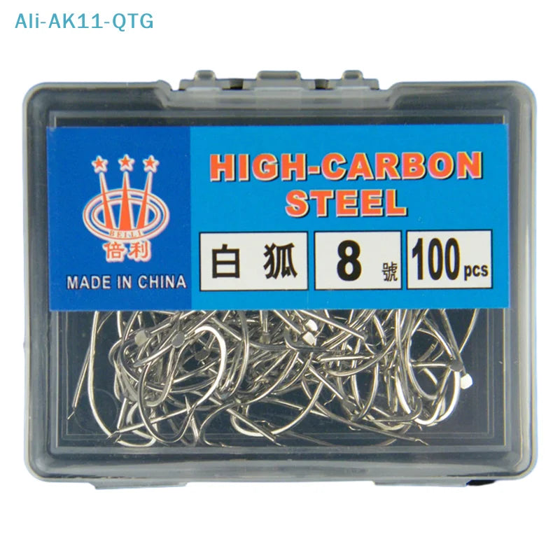 100-Pack Barbed Fishing Hooks – High Carbon Steel Boxed