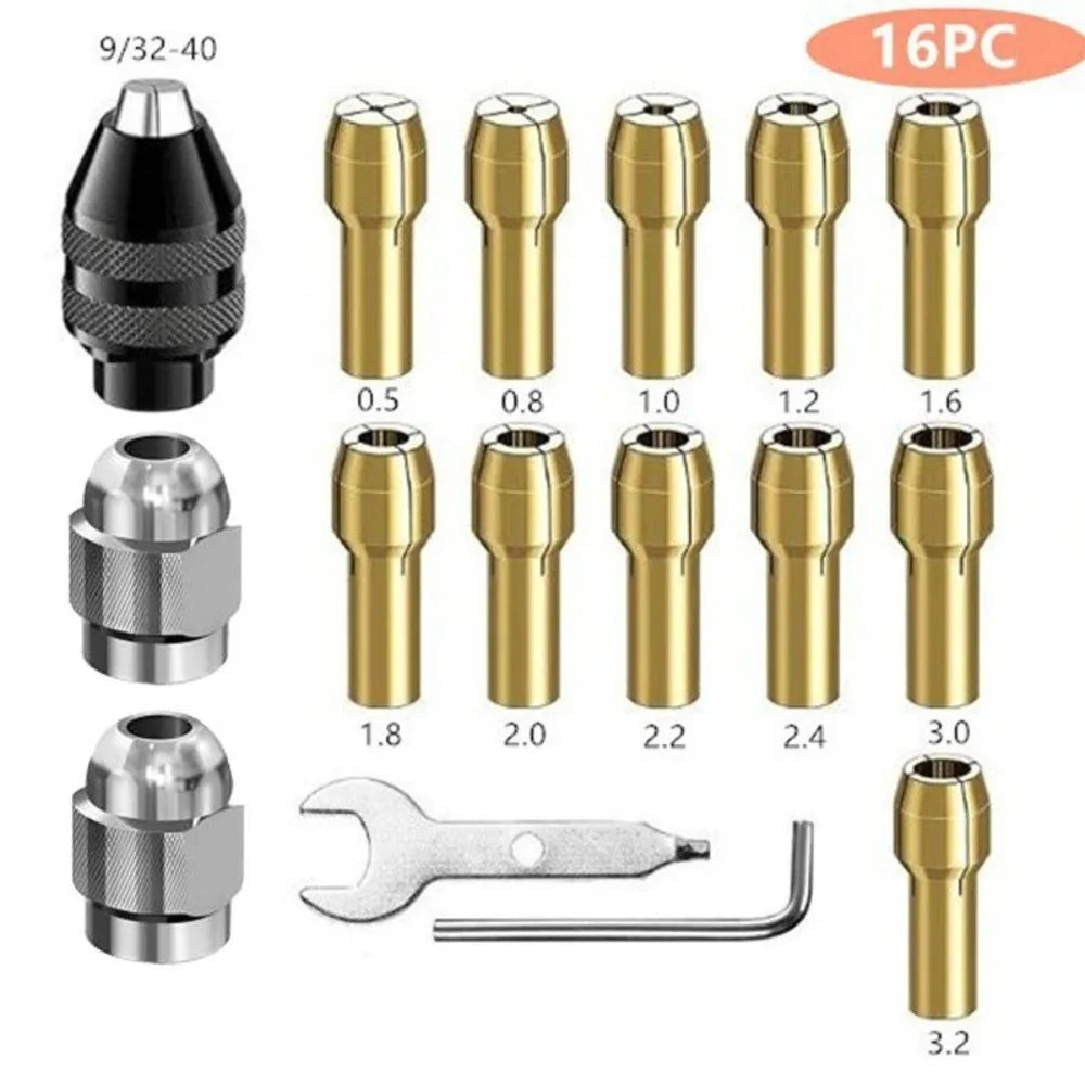 16-Piece Rotary Tool Chuck Set | Keyless Quick-Change 0.8–3mm