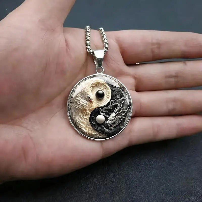Yin Yang Dragon & Phoenix Pendant Necklace | Stainless Steel