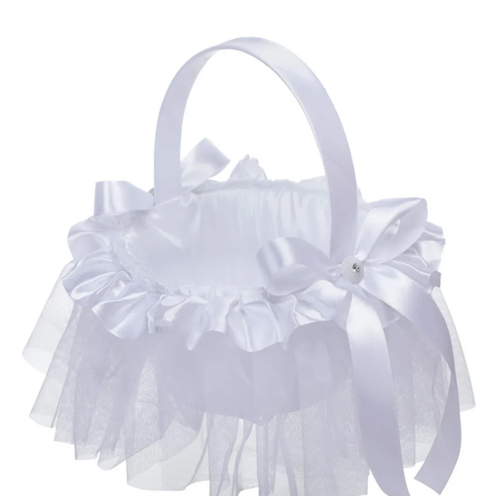 White Satin Flower Girl Basket – 4 Styles | Pearl & Lace