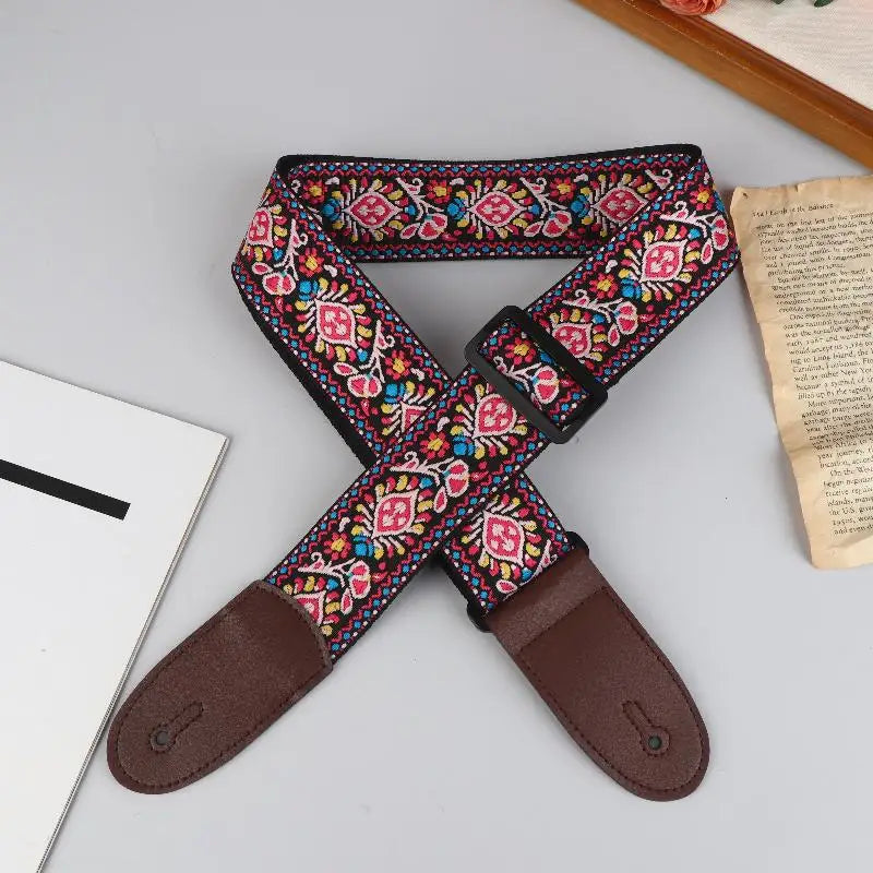 Embroidered Guitar Strap – Adjustable PU Leather & Cotton