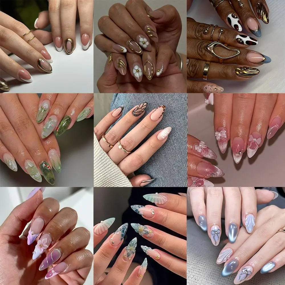 24-Piece Almond Press On Nails – Misty Blue Floral French Style