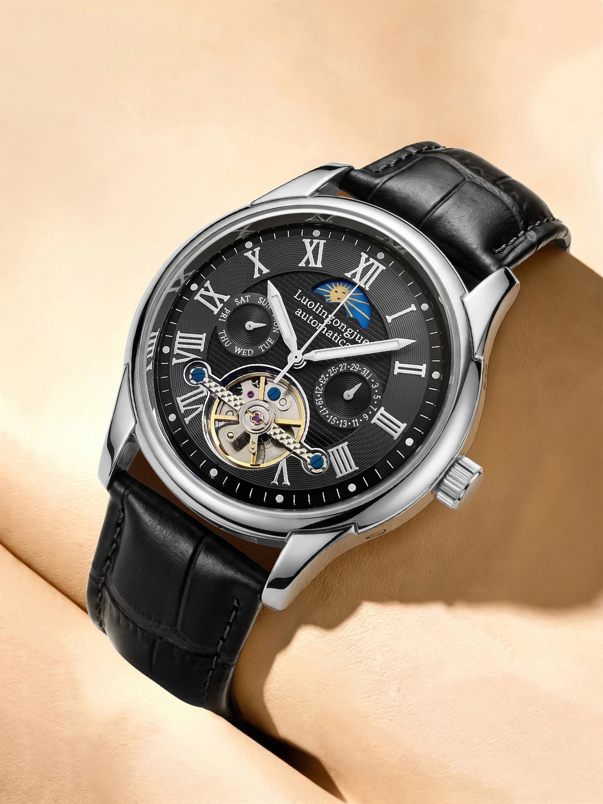 Skeleton Automatic Men's Watch – Moon Phase & Roman Numeral