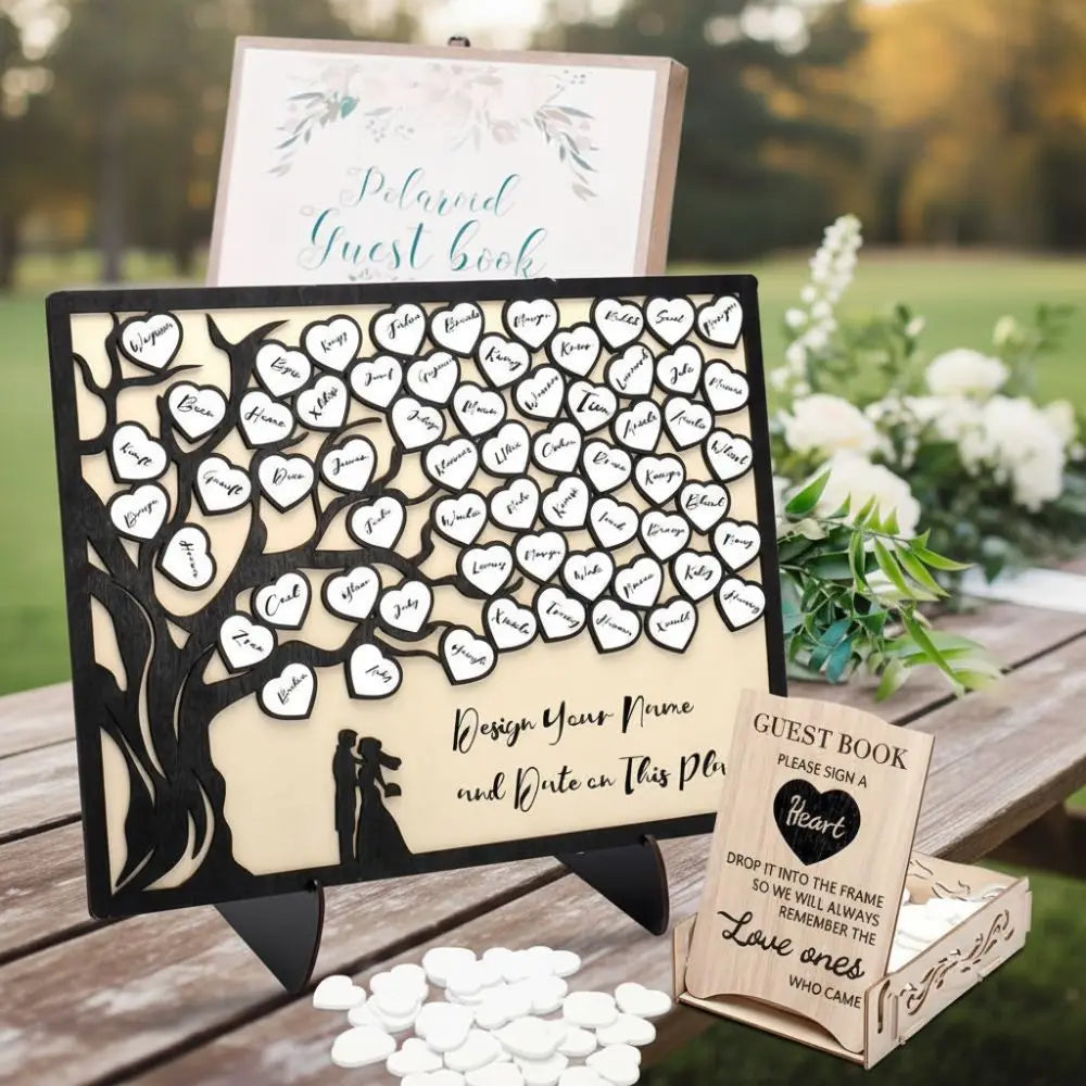 Wooden Hearts Wedding Guest Book – Tree Design Sign Set