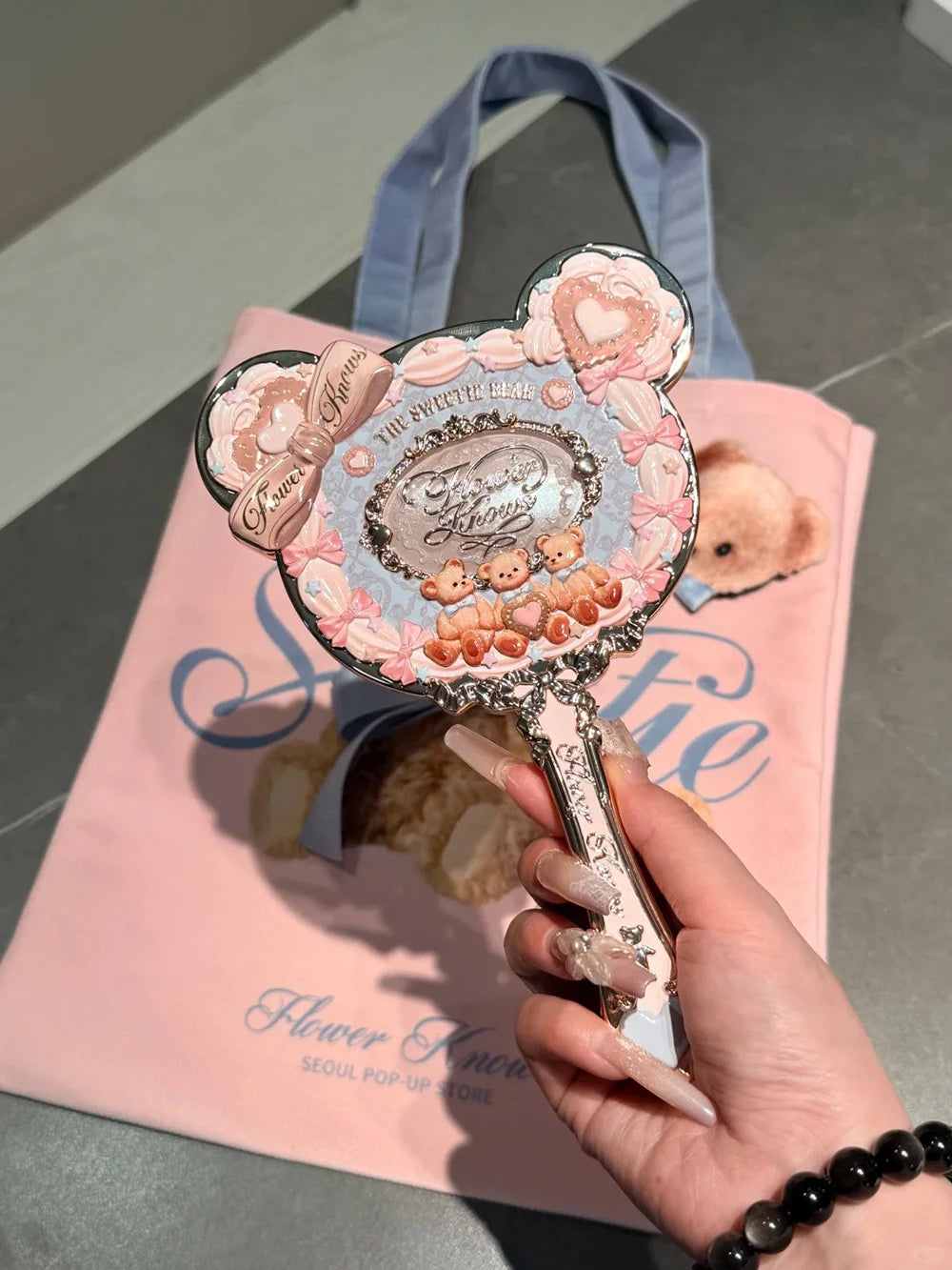 Flower Knows Pastel Hand Mirror Set – Powder Puff & Tote Bag