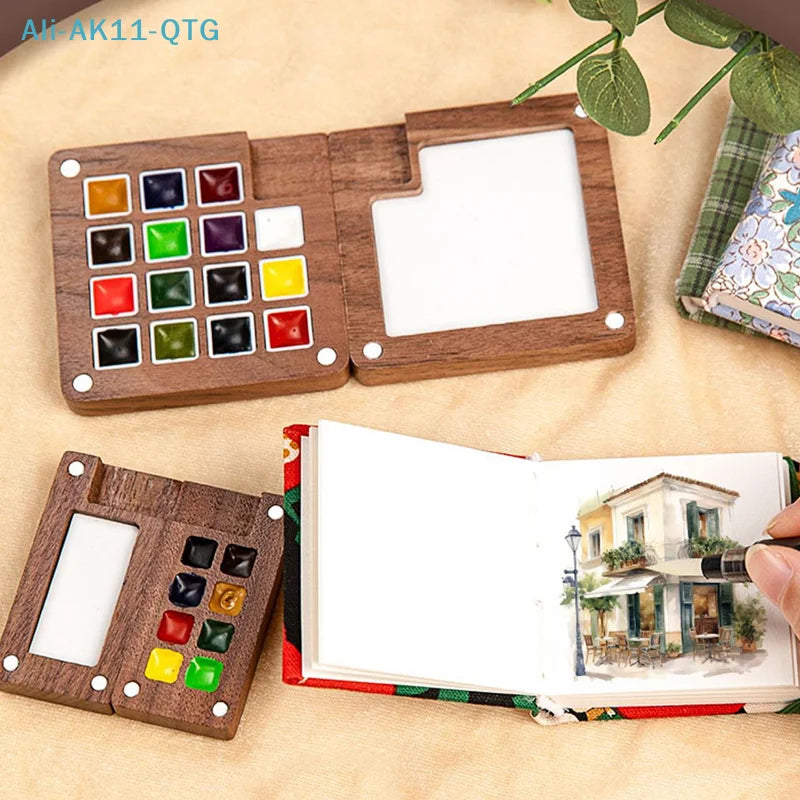 Mini Walnut Wood Watercolor Palette | Portable Travel Paint Box