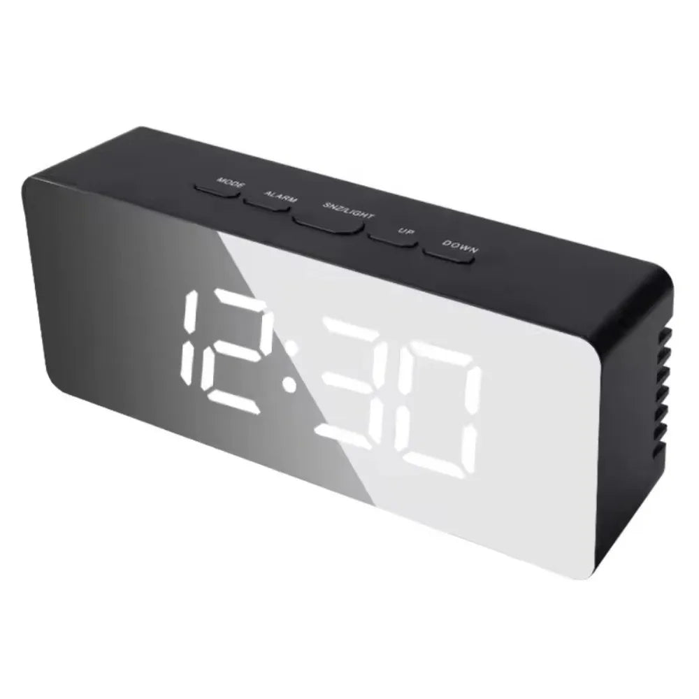 LED Mirror Digital Alarm Clock – USB Night Light Desk Clock