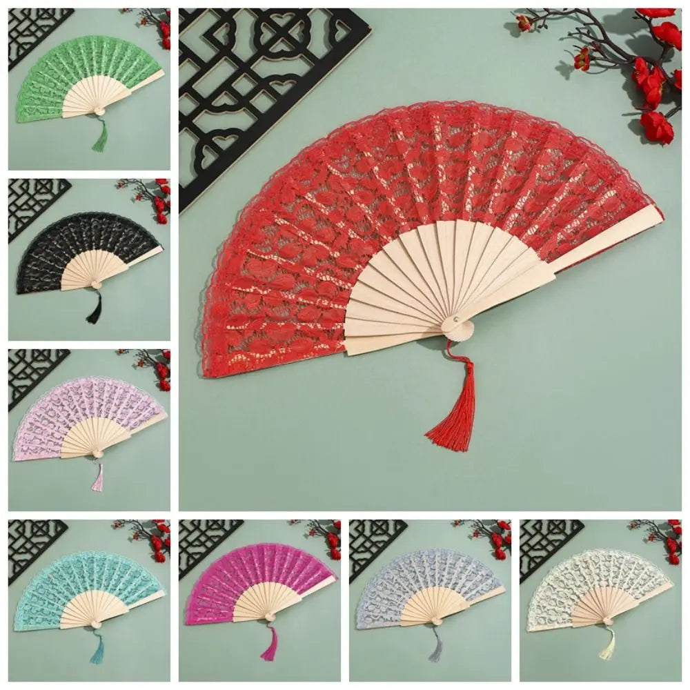 Vintage Chinese Lace Folding Fan – Floral Wood Hand Fan & Tassel