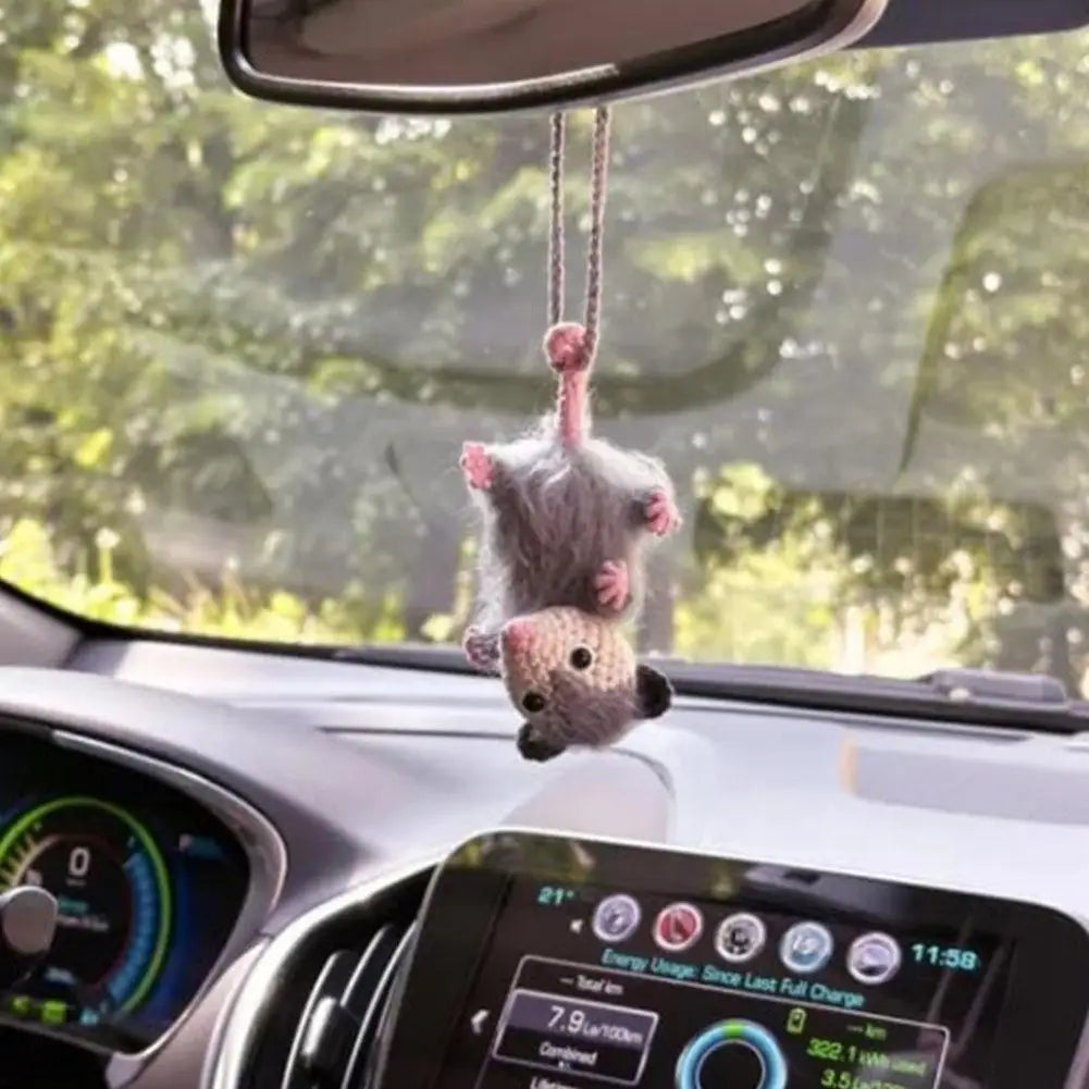 Crochet Opossum Car Charm – Handmade Knitted Rearview Mirror Pendant