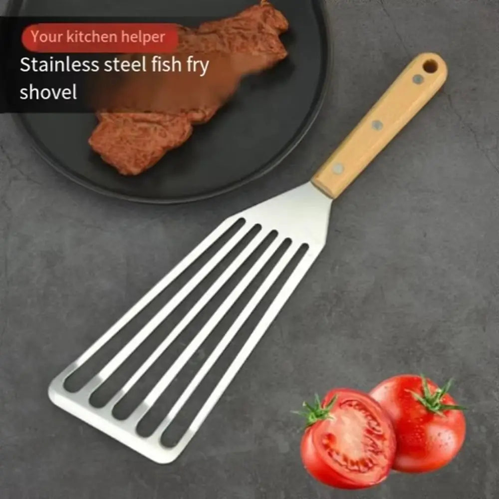 Stainless Steel Slotted Fish Spatula – Wooden Handle BBQ Turner