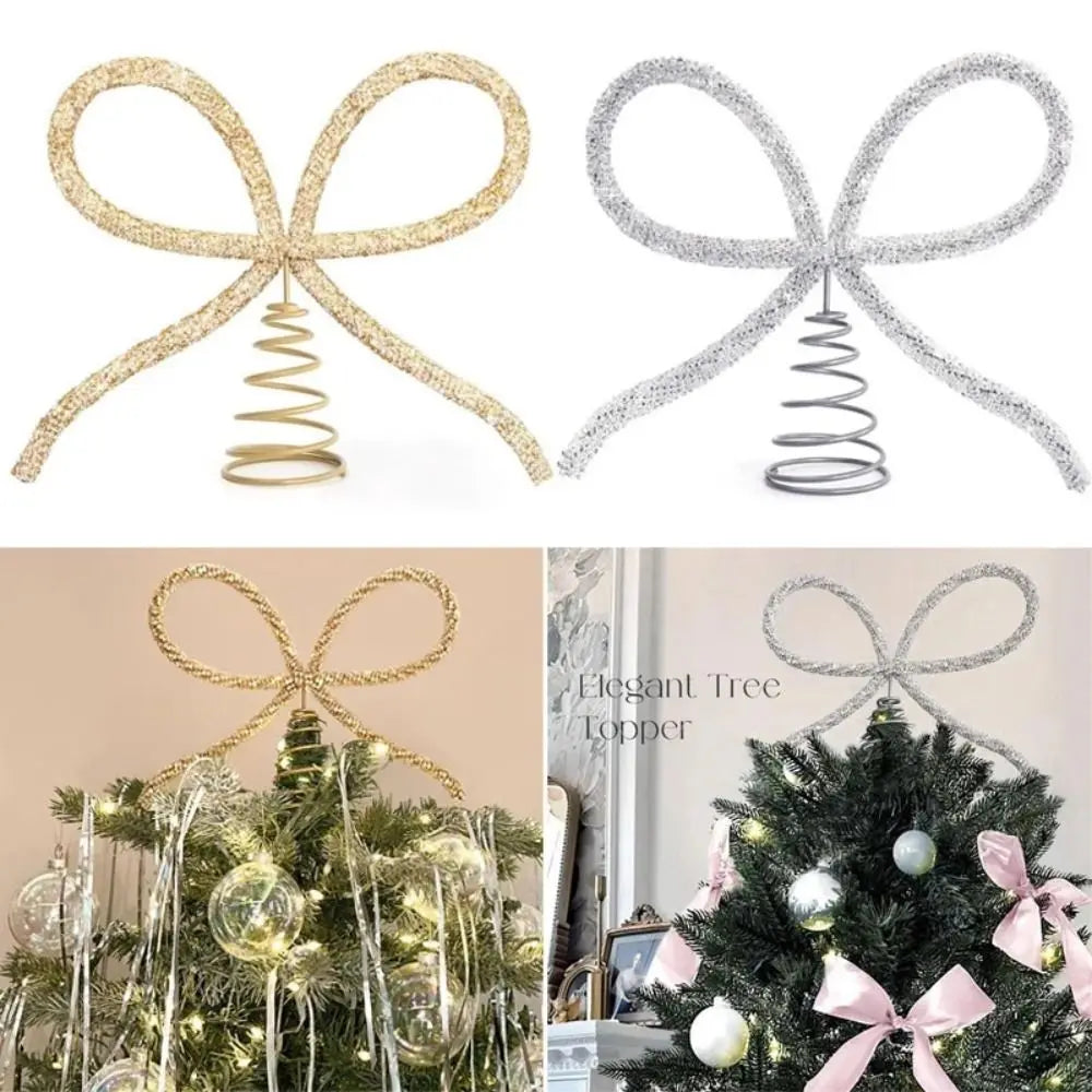 Rhinestone Bow Christmas Tree Topper – Gold & Silver Metal