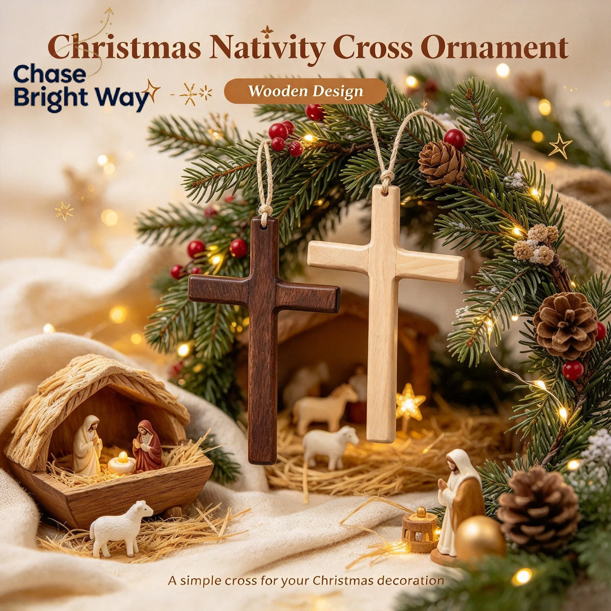 Wooden Cross Christmas Ornament – Hanging Nativity Decor