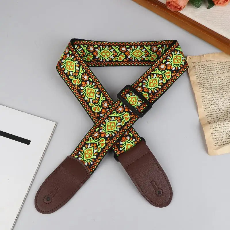 Embroidered Guitar Strap – Adjustable PU Leather & Cotton