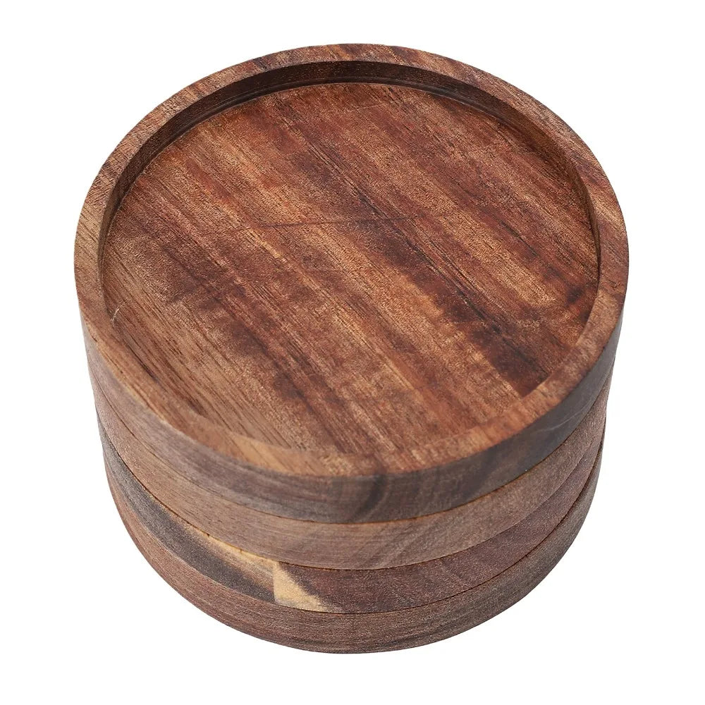 Rustic Round Wood Coasters Set of 4 with Holder | 3.9"